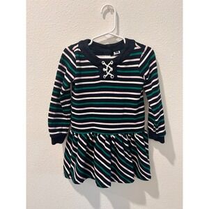 Janie and Jack Girls Navy/Green/White Striped Lace Up Knit Dress Size 3